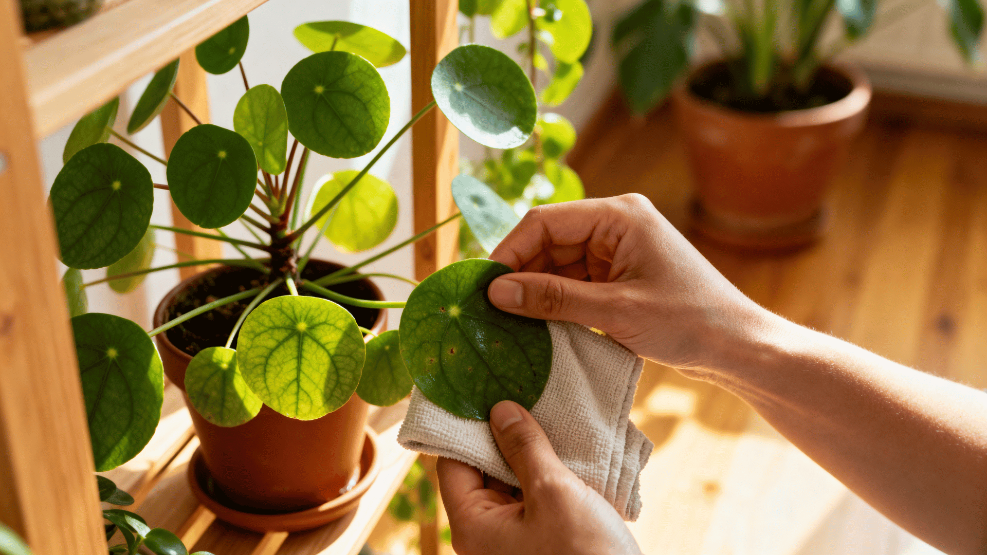 cleaning chinese money plant leaves with a soft cloth to prevent pests.