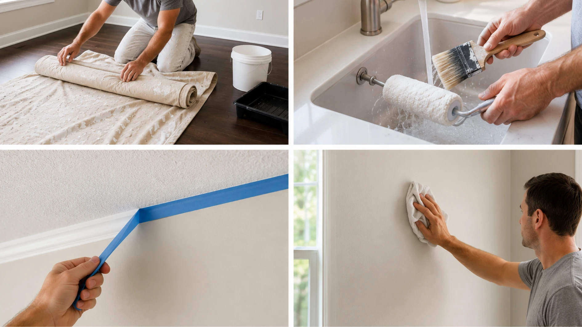 Collage showing four steps of home painting preparation and cleanup: laying down a drop cloth, washing painting tools, applying painter's tape, and wiping a wall clean.