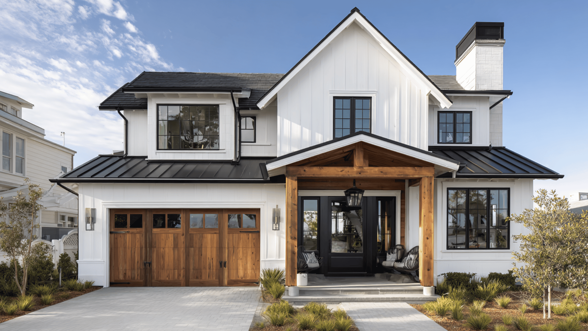 coastal home with black trim and elegant beach house design