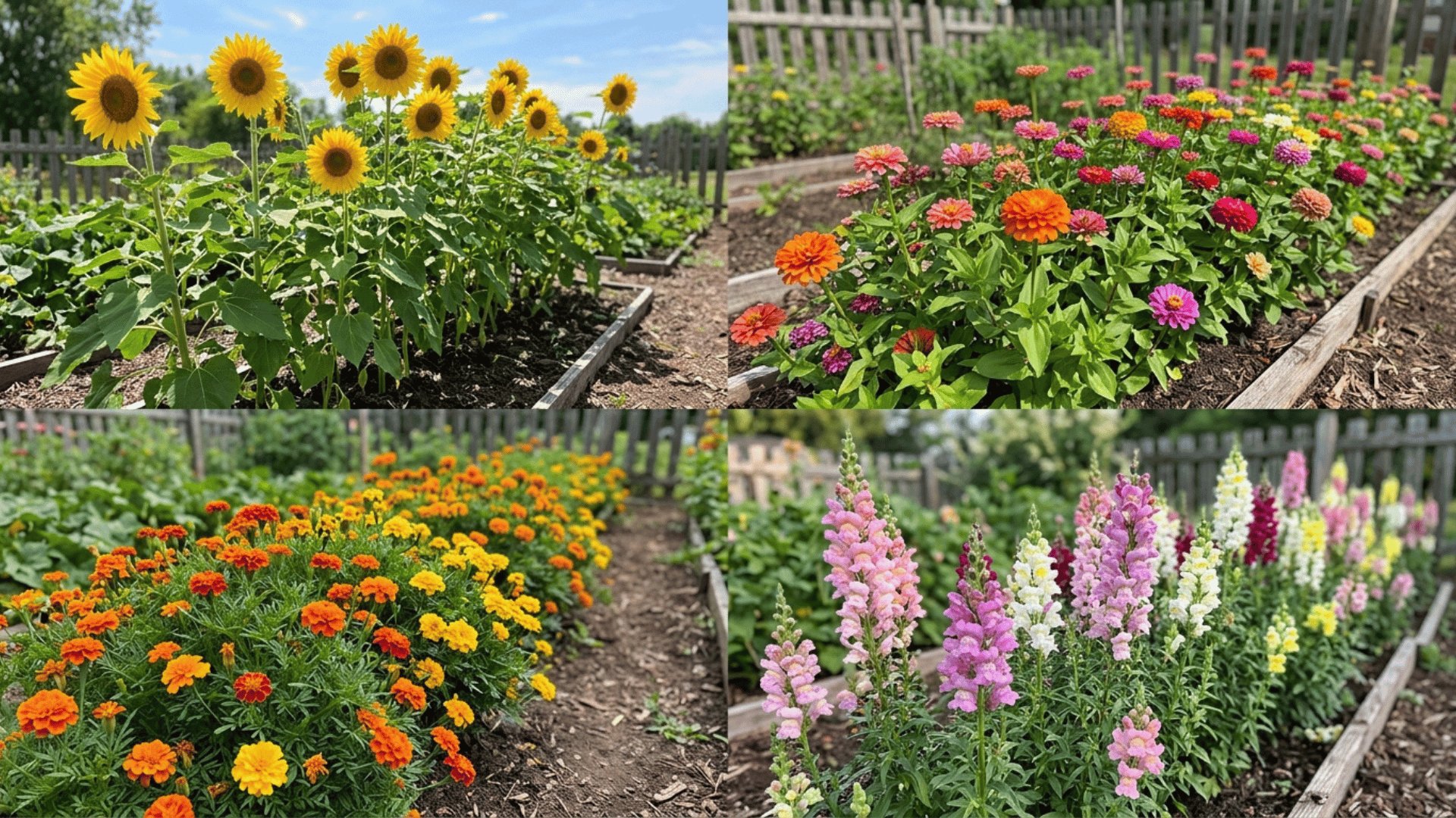 collage of sunflower, zinnia, marigold, and snapdragon cut flower gardens growing naturally in different outdoor garden sections