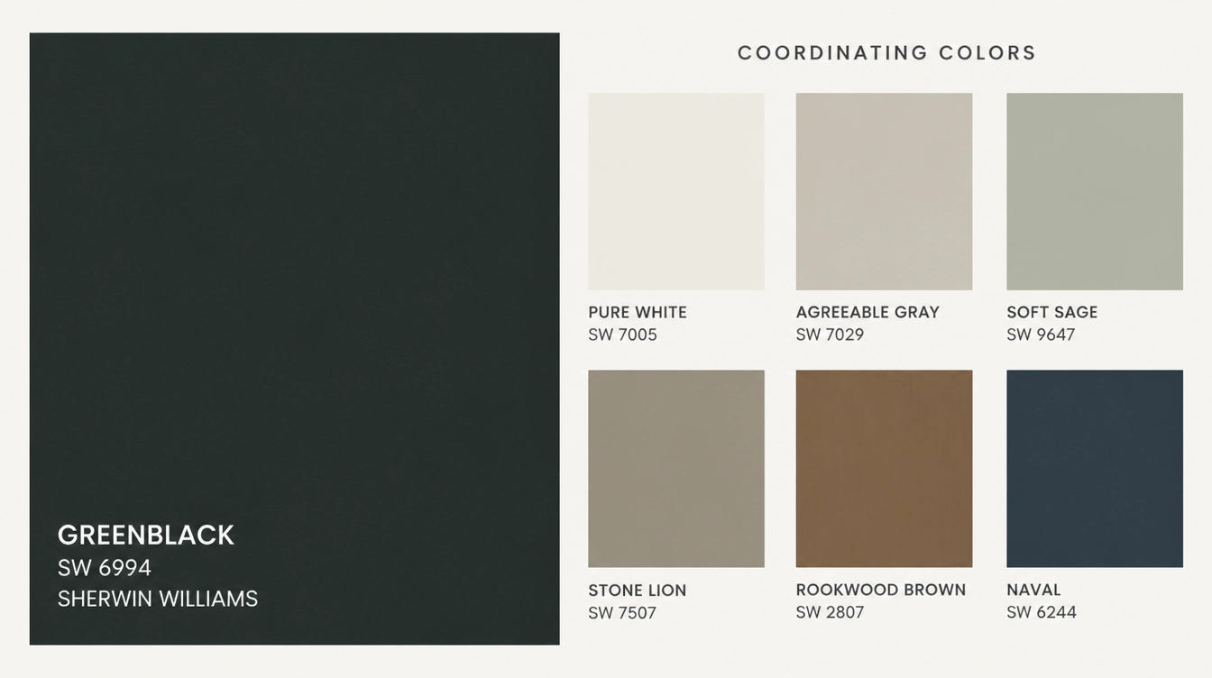 Modern Sherwin Williams Greenblack SW 6994 color palette board with coordinating whites warm neutrals sage green dusty blue walnut wood and brass finishes
