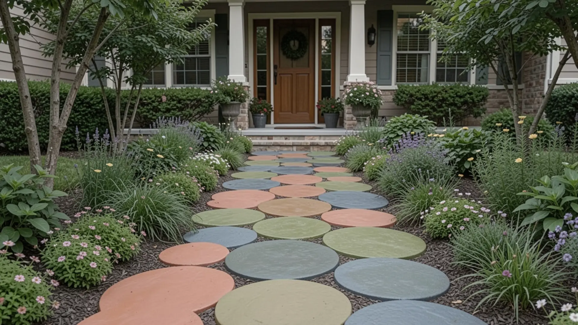 A colorful circular stone path leads to a welcoming front porch, surrounded by lush greenery and blooming flowers