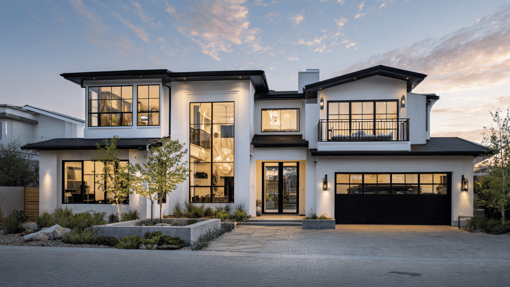 contemporary stucco house with black trim and luxury exterior