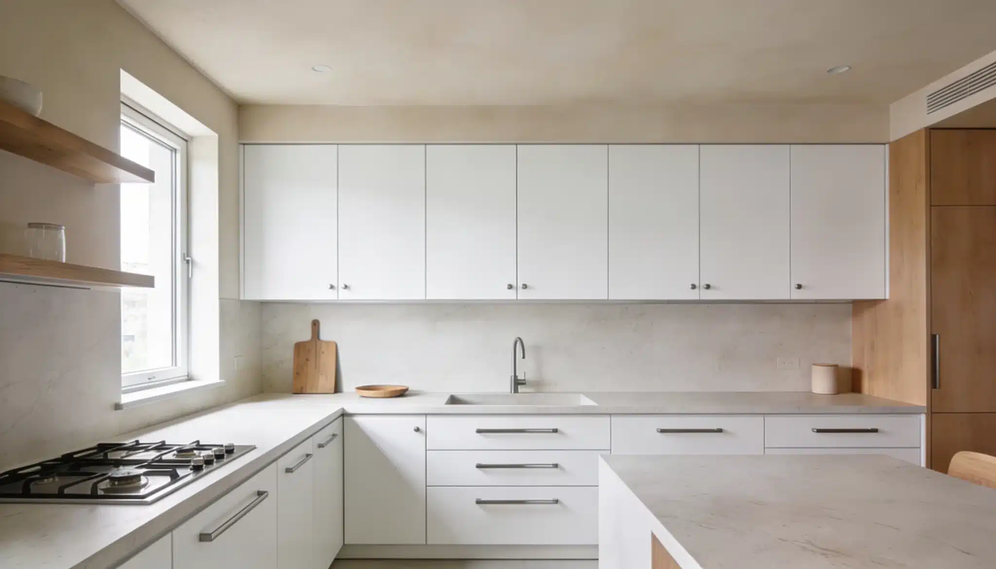 minimal kitchen with cool beige ceiling and white cabinets creating a calm neutral modern space