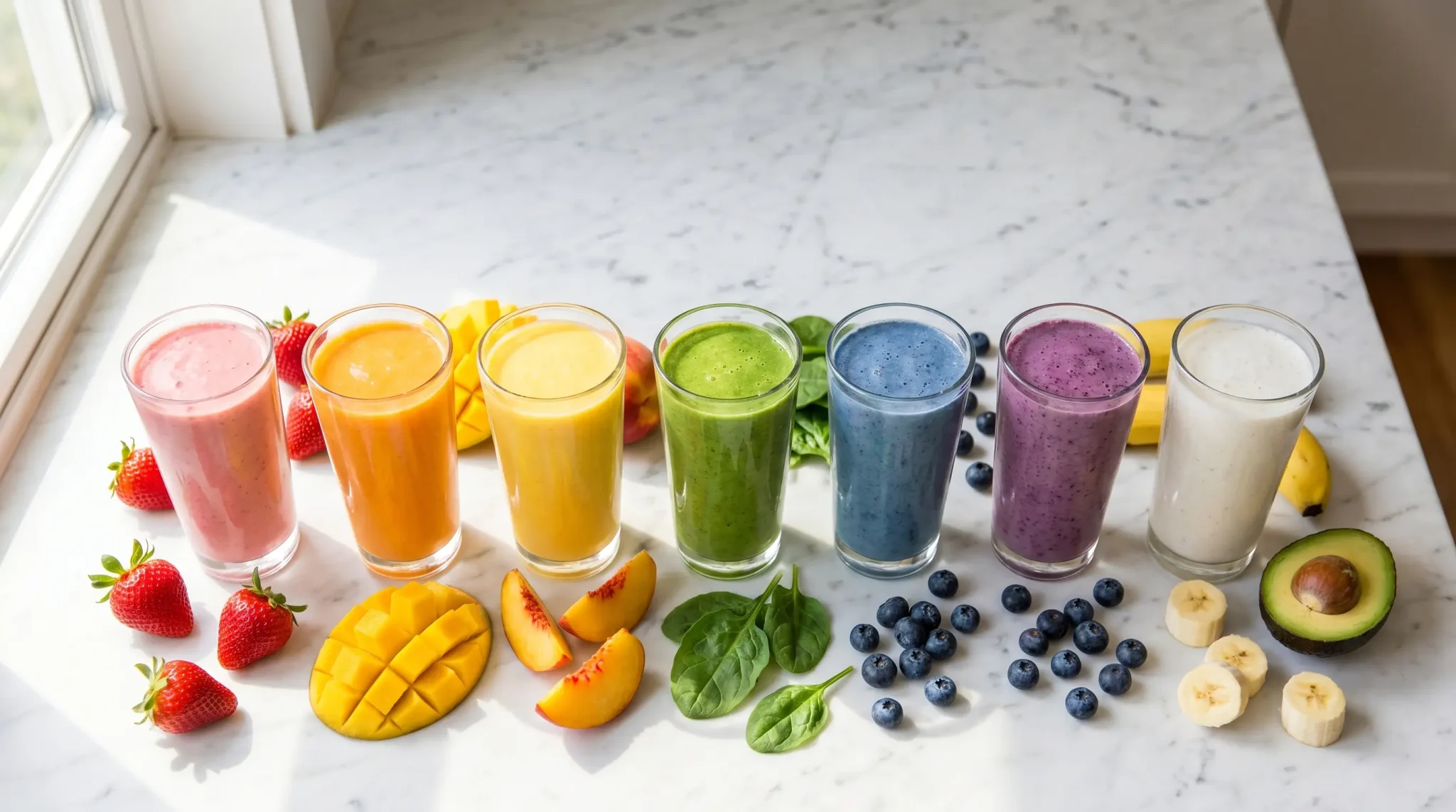 Seven colorful smoothies in glasses with fresh fruits on a marble countertop