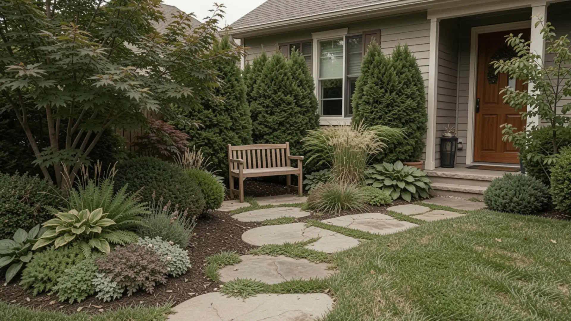 A charming garden with a wooden bench, surrounded by lush greenery and stepping stones leading to a porch