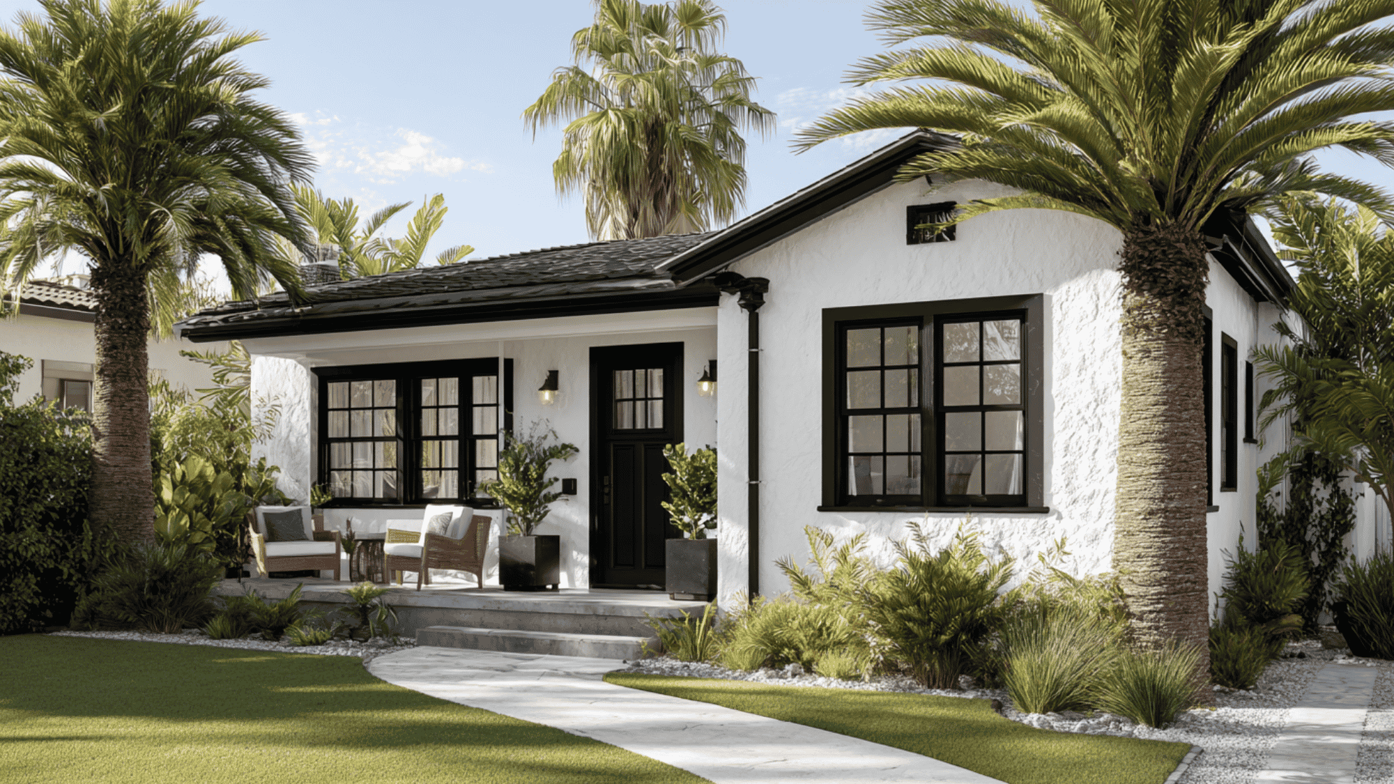 white bungalow house with black trim and tropical modern exterior style