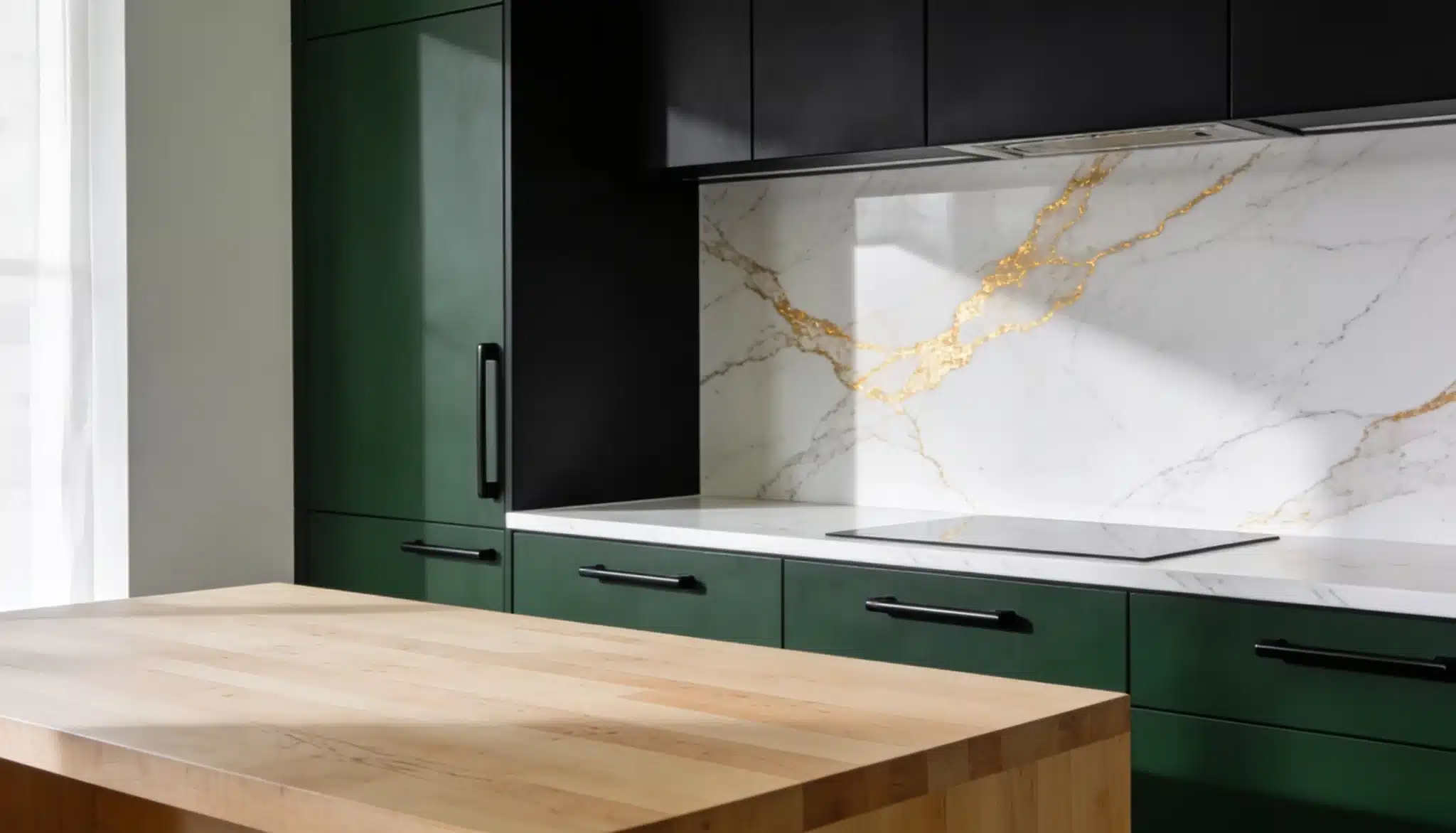Modern kitchen with Sherwin Williams Greenblack SW 6994 cabinets paired with white quartz, butcher block, and Calacatta marble surfaces