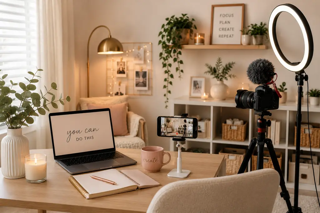 Cozy home office setup with laptop, camera, and ring light on wooden desk