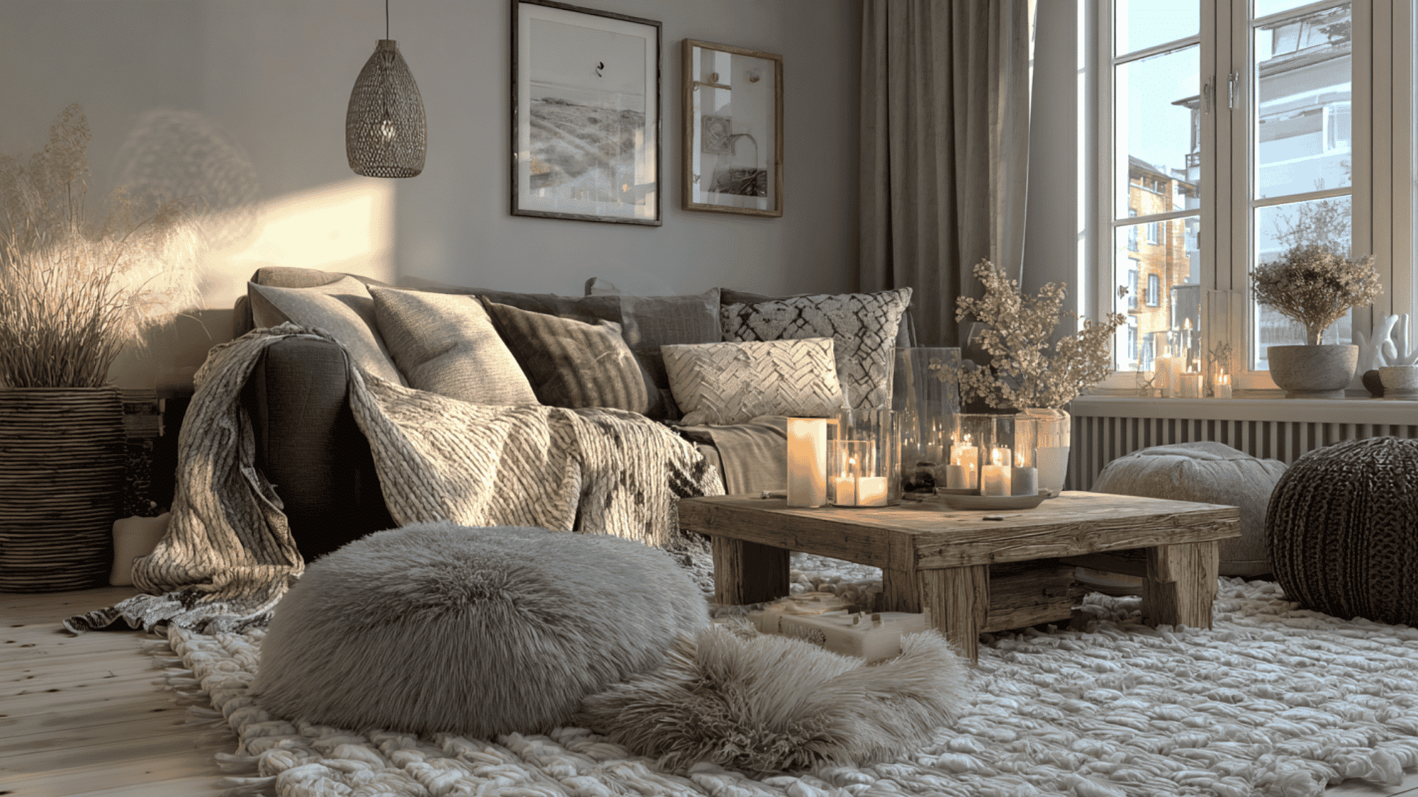 scandinavian hygge living room with cozy textures, warm lighting, and soft layered fabrics
