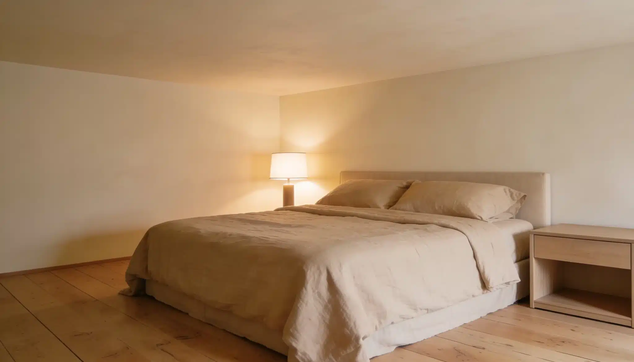 minimal bedroom with creamy off white ceiling and warm neutral tones creating a cozy feel