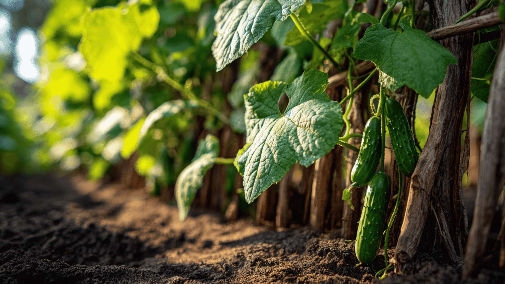 cucumber vines climbing a wooden trellis with fresh green cucumbers in a sunny backyard garden scene