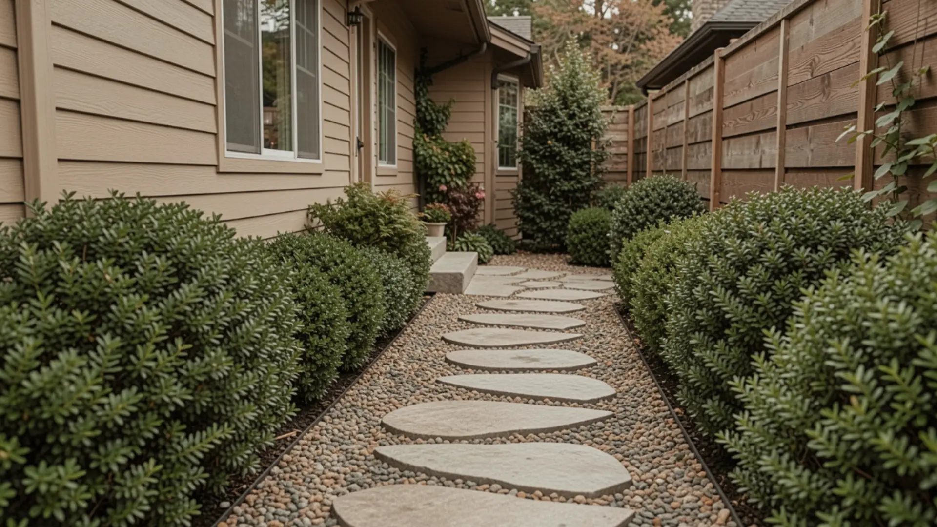 A narrow garden path with oval stepping stones winds between green bushes, bordered by a beige house and a wooden fence