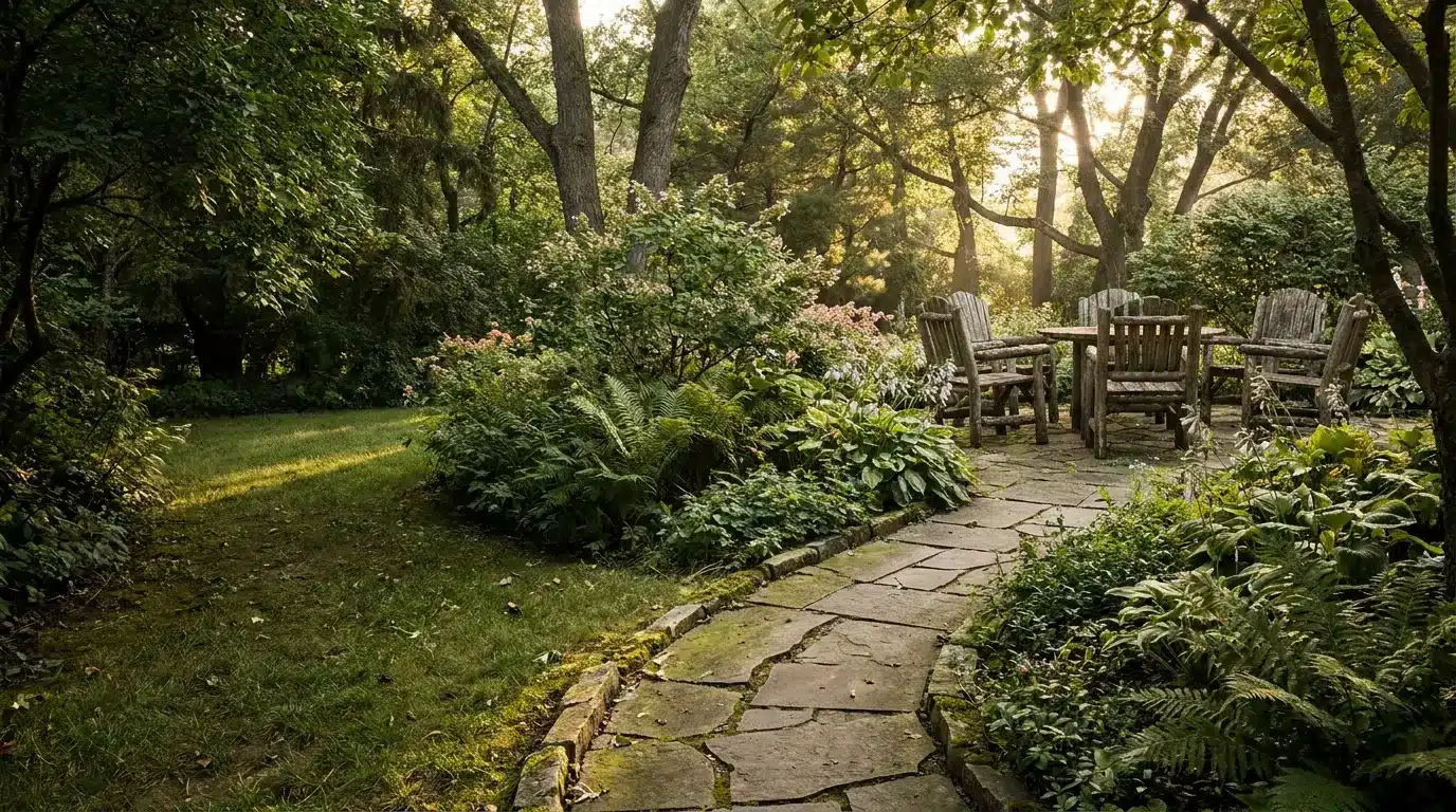 Wooden chairs around table in lush garden patio under soft sunlight