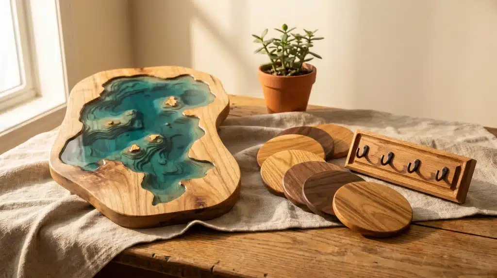 Wooden resin art piece and round coasters on rustic table with potted plant nearby