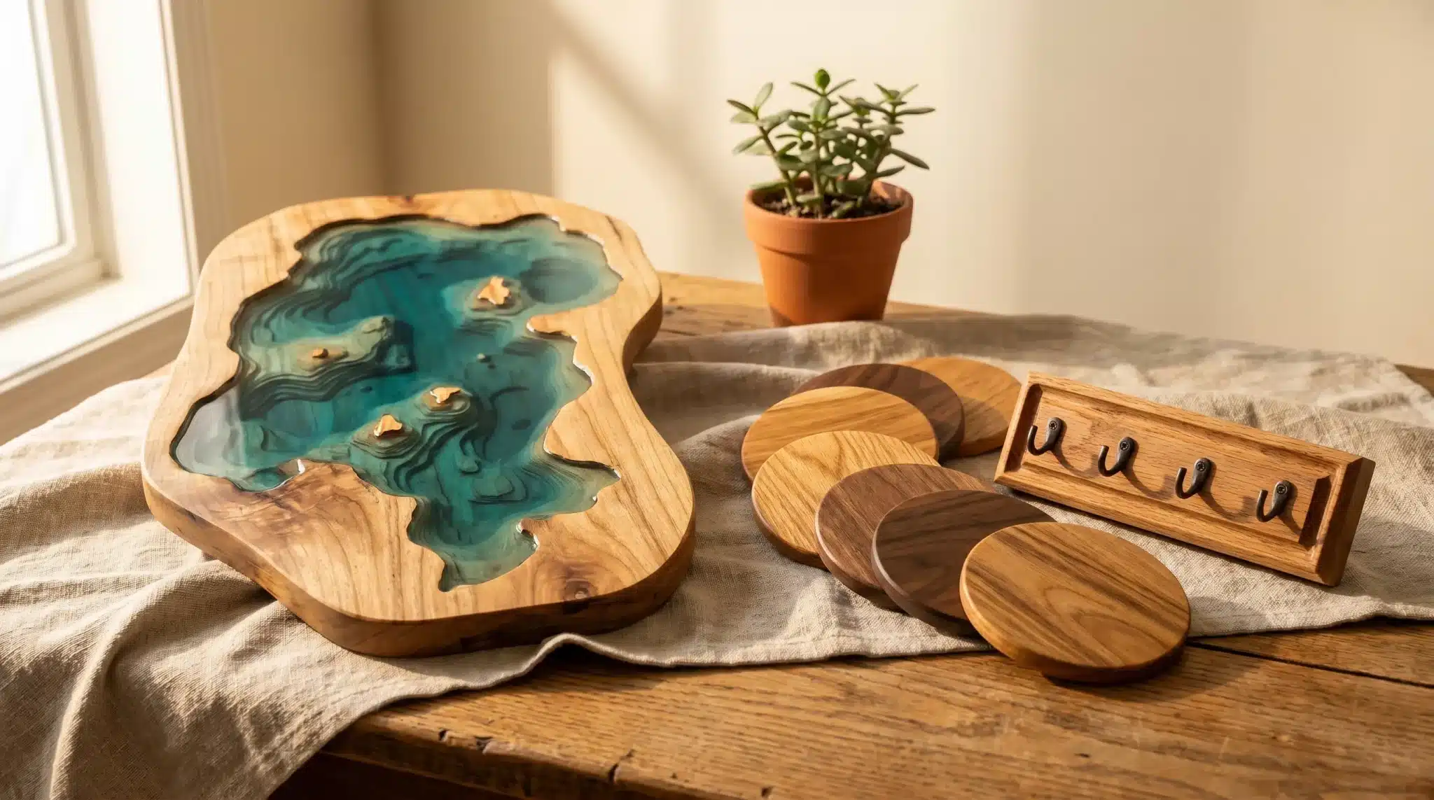 Wooden resin art piece and round coasters on rustic table with potted plant nearby