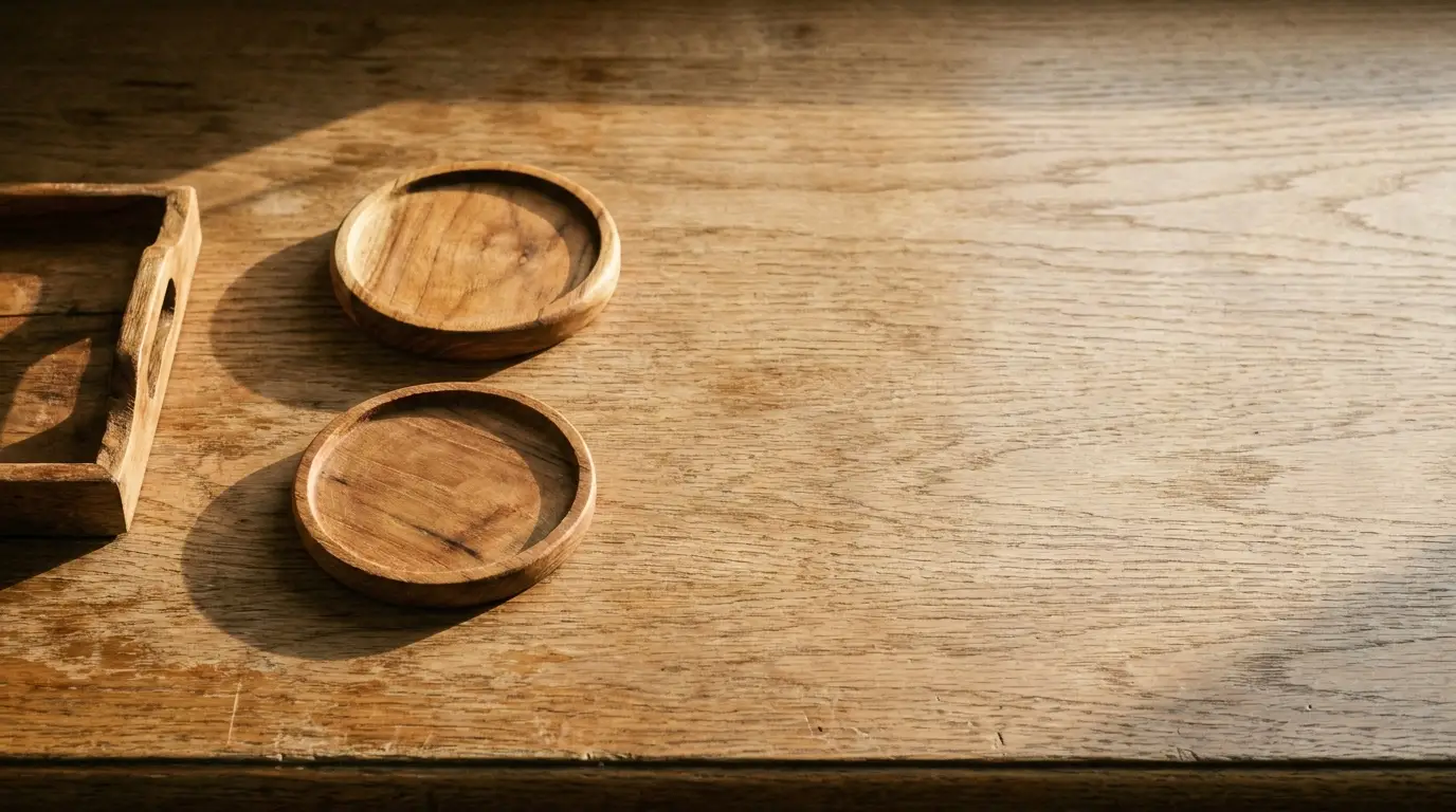 Wooden coasters and tray on sunlit wooden table surface