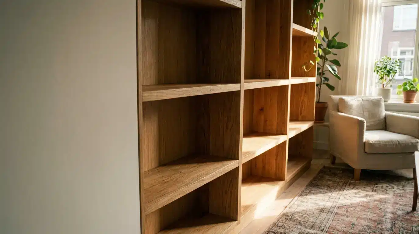 Wooden bookshelves in cozy living room with armchair and potted plants near window