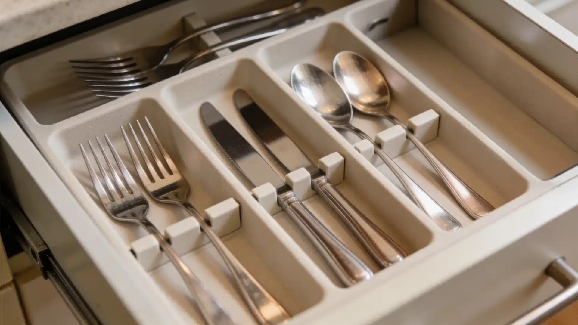 Silverware, including forks, knives, and spoons, neatly organized in a light-colored kitchen drawer tray.