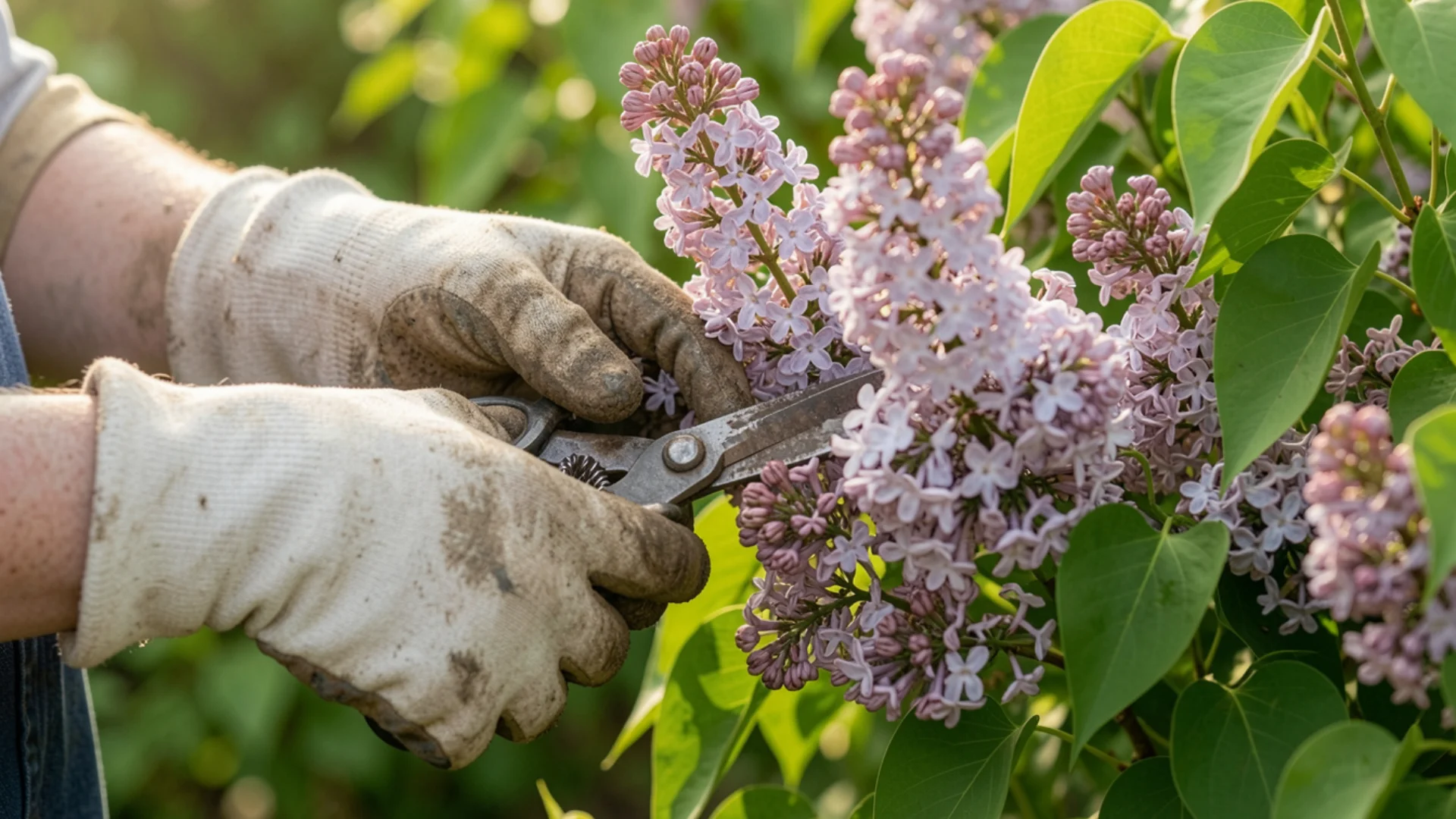 Close up of hands deadheading faded lilac flower clusters with garden scissors, fresh green leaves surrounding the blooms, realistic macro garden photography