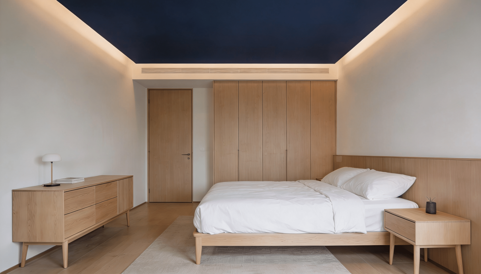 minimal bedroom with deep navy ceiling and light decor creating a calm dramatic atmosphere