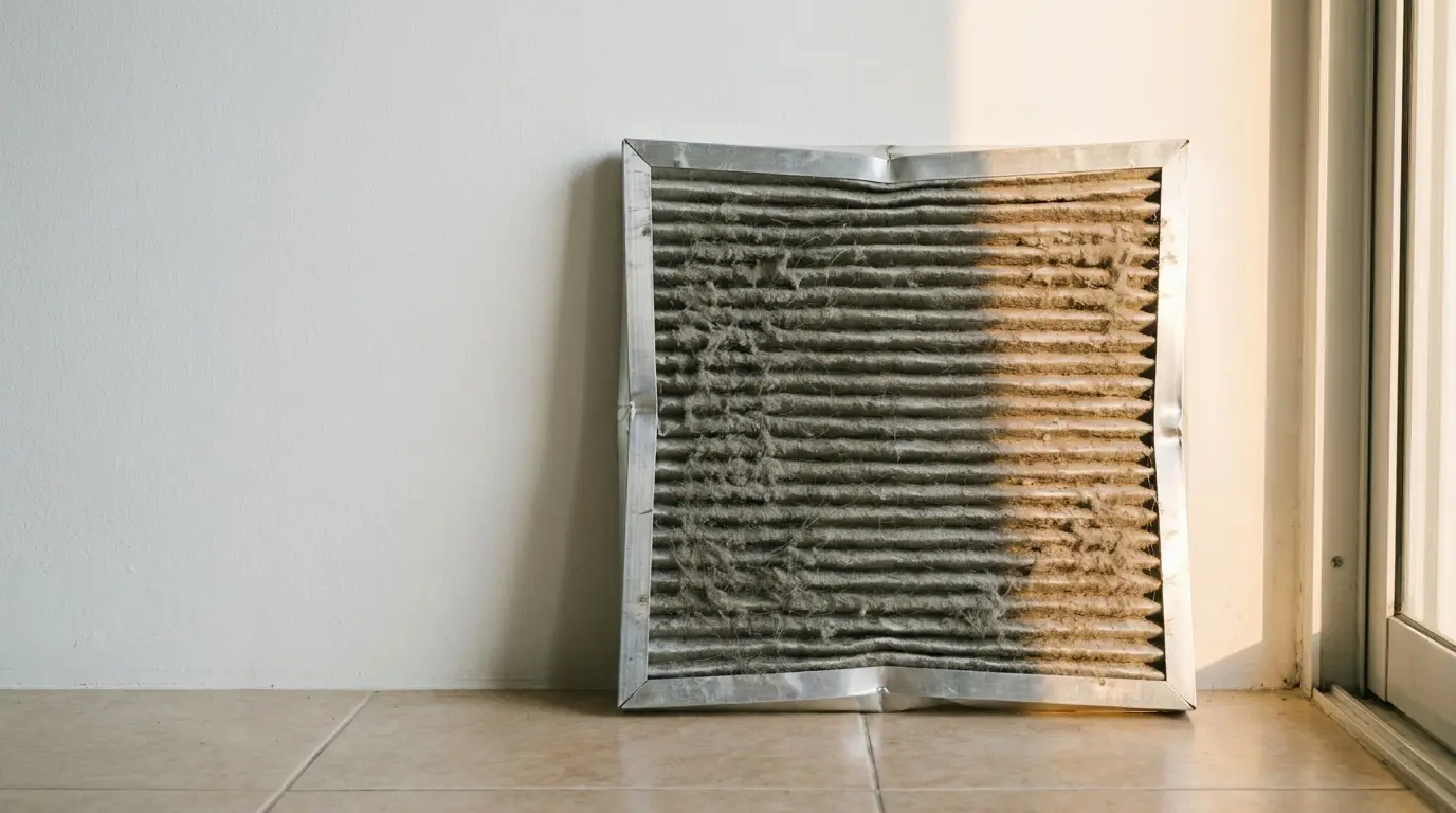 Dusty air filter leaning against white wall on tiled floor in sunlight