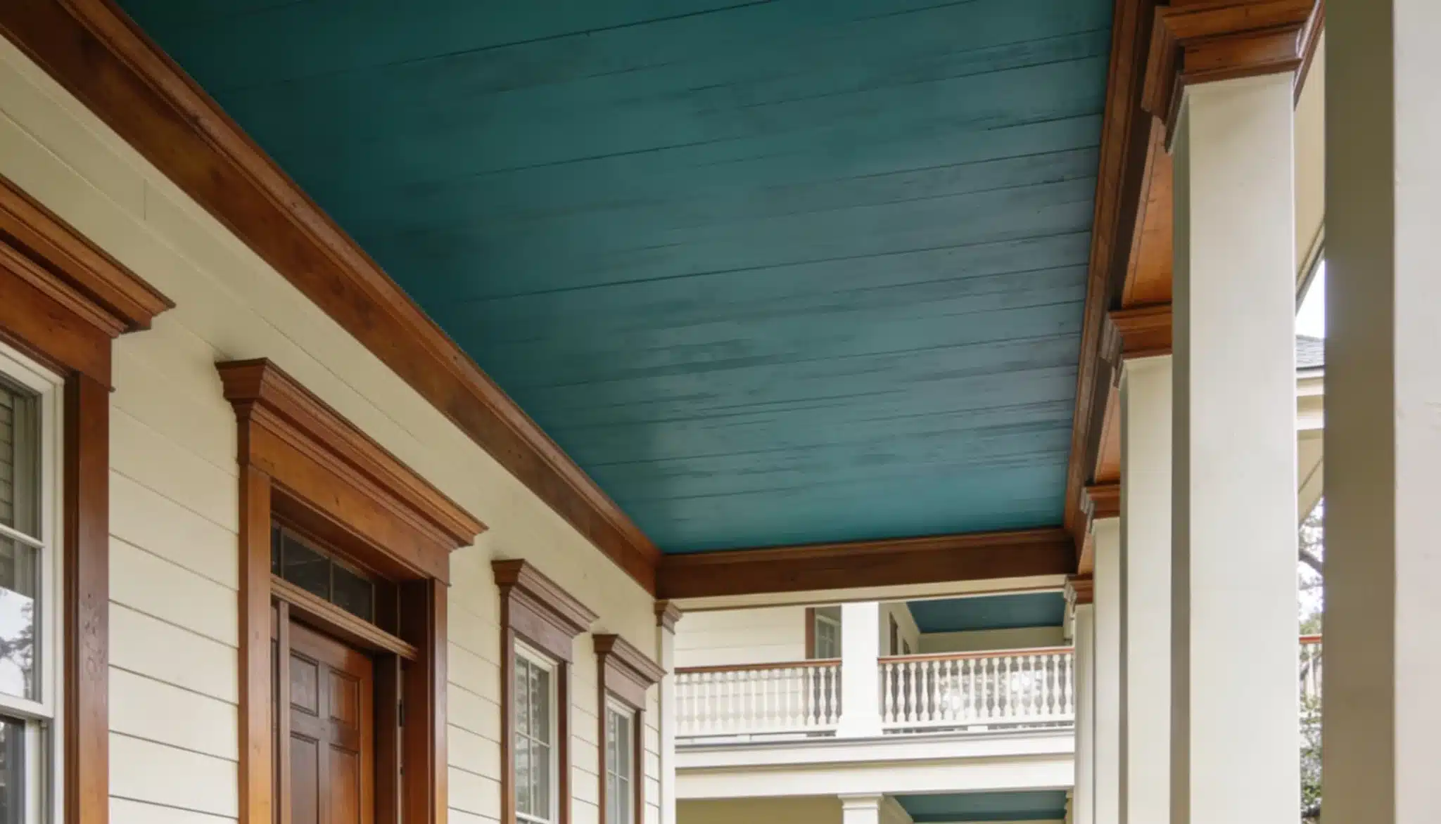 Southern porch detail showing cream siding, dark wood trim, white columns, and a distressed teal wooden ceiling