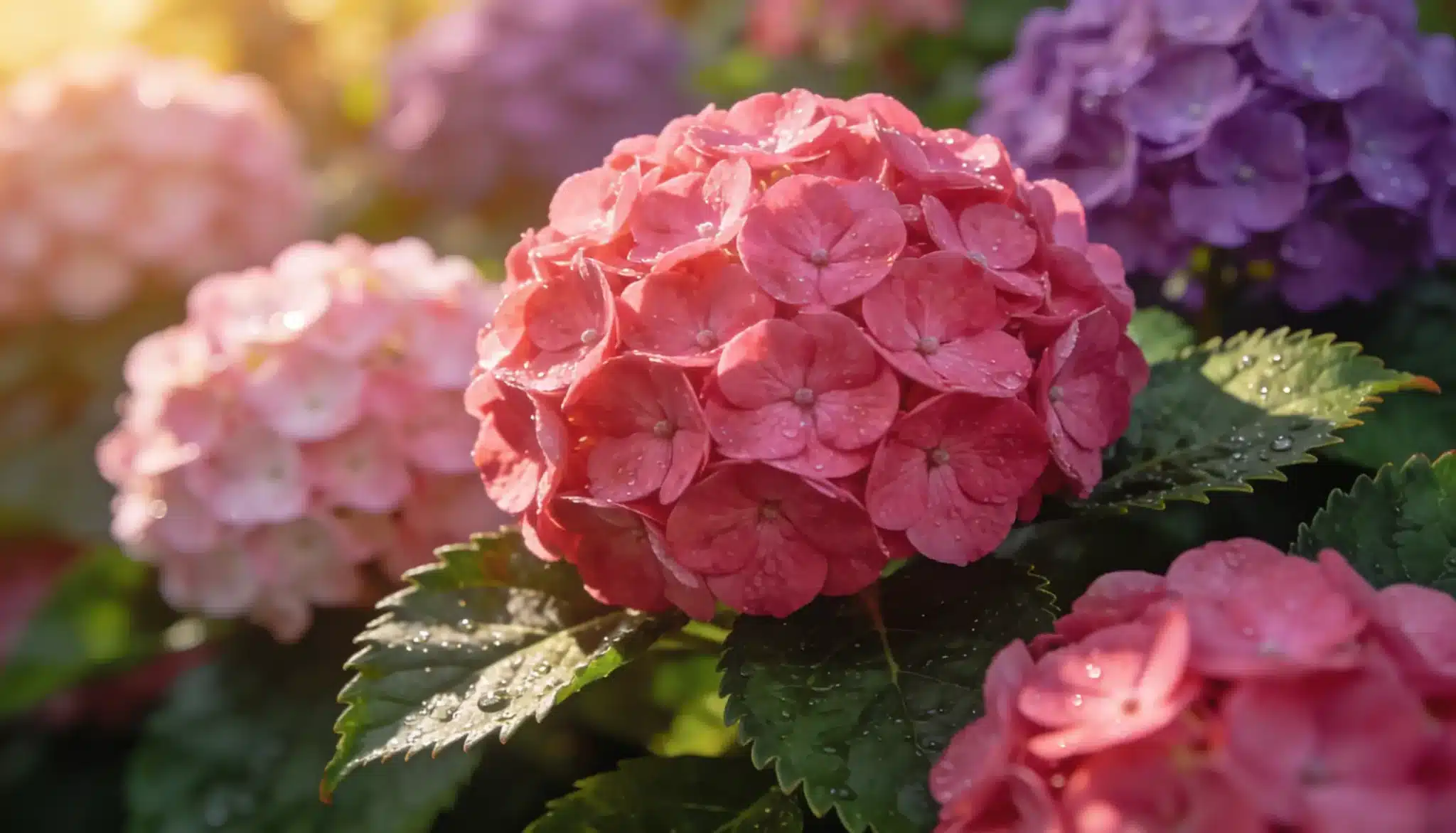 A vibrant pink hydrangea bloom covered in morning dew, with soft-focus pink and purple hydrangeas in the background under golden sunlight.