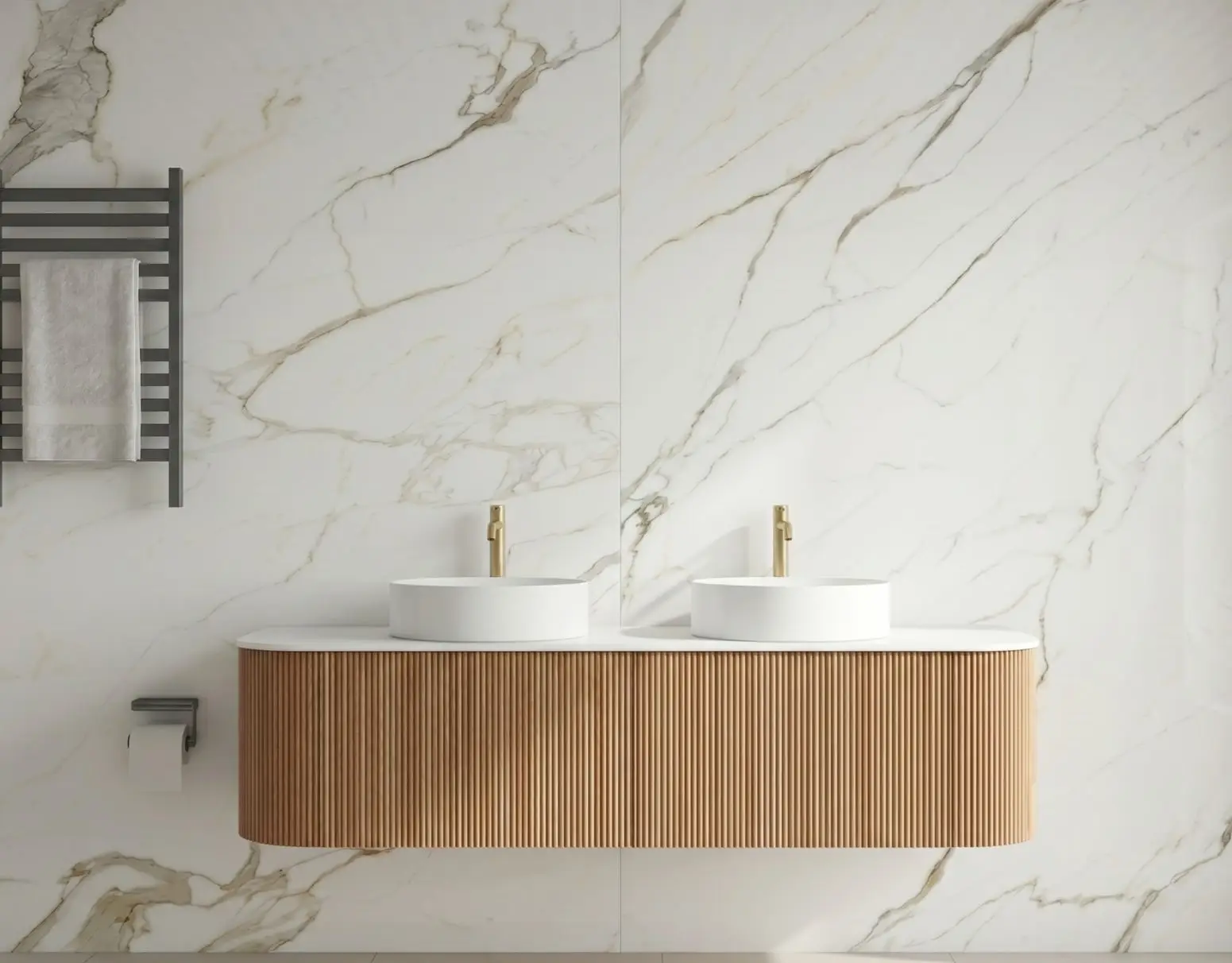 Double vessel sinks on marble wall with vertical striped wood vanity and towel rack