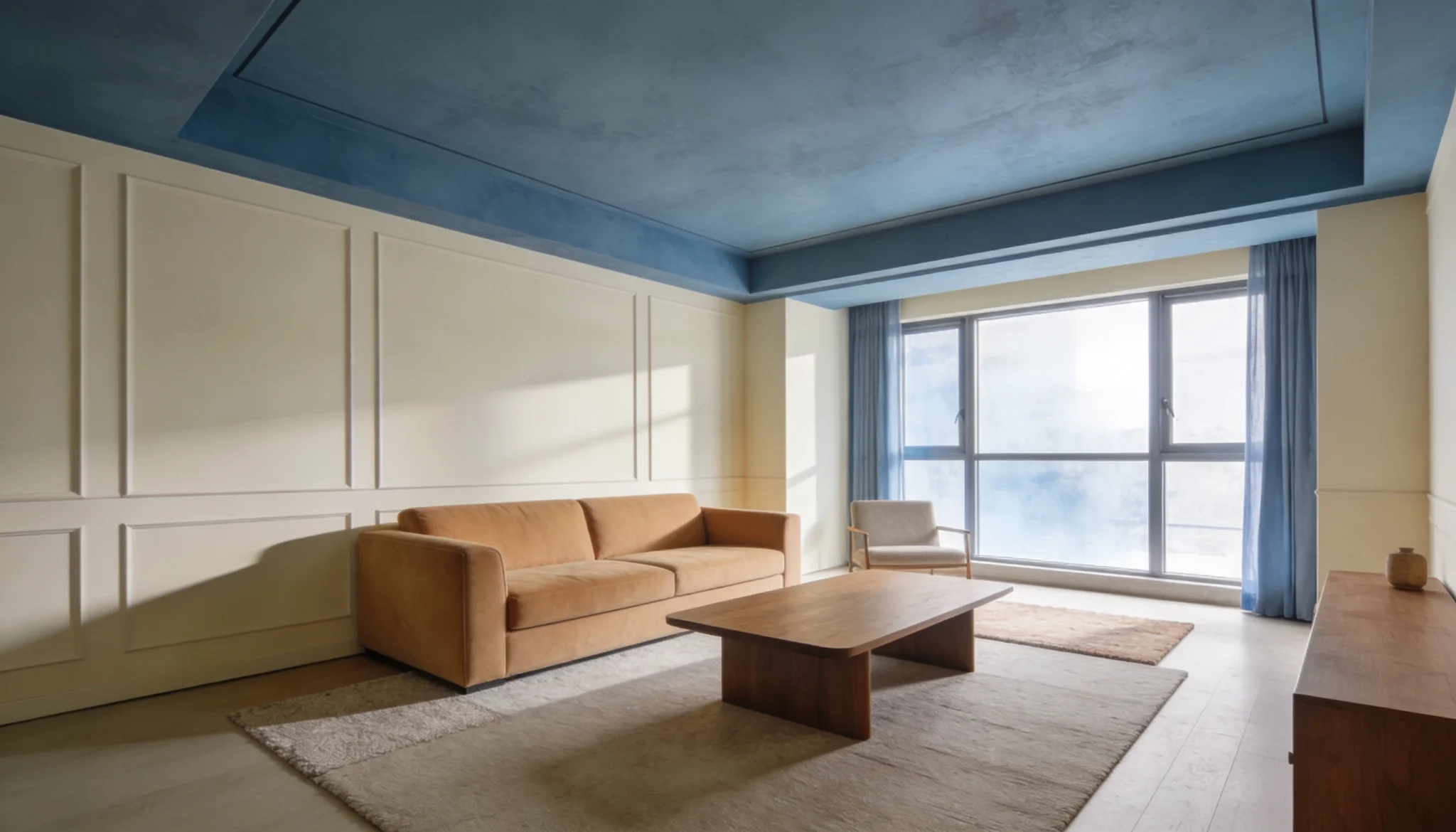 bright living room with dusty blue ceiling cream walls and warm-toned furniture