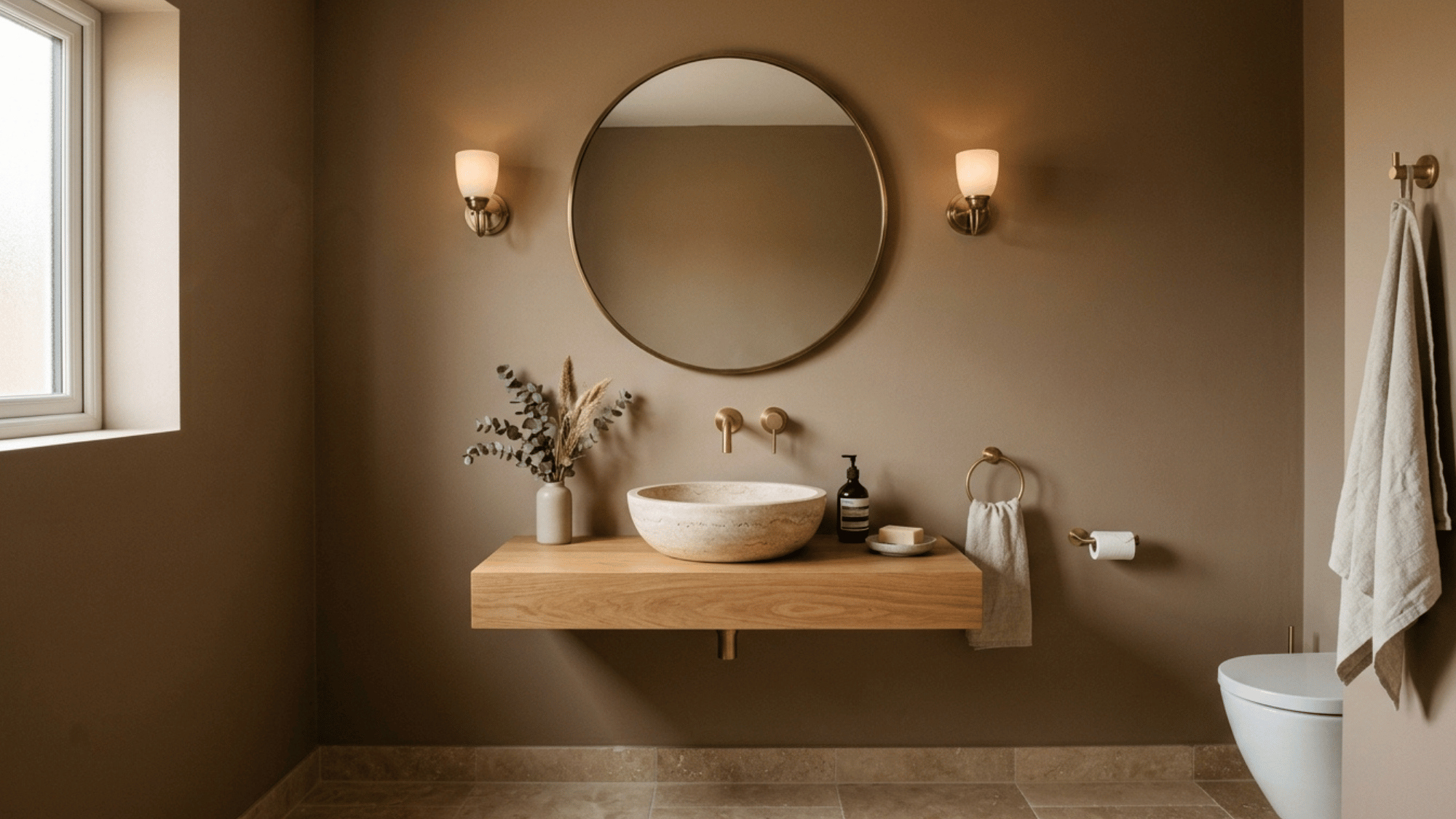 warm taupe eggshell finish bathroom wall with soft low sheen
