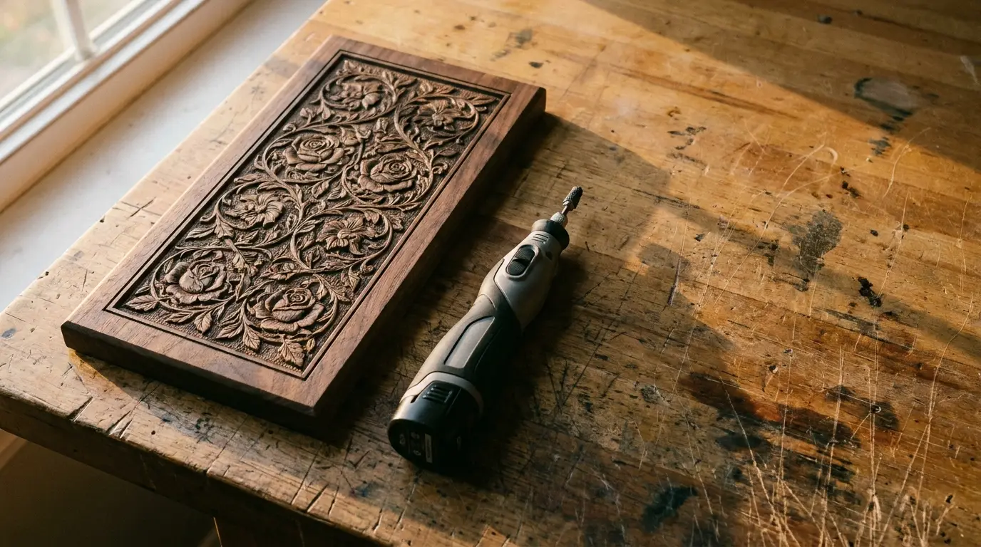 Ornately carved wooden panel next to rotary tool on rustic workbench in natural light