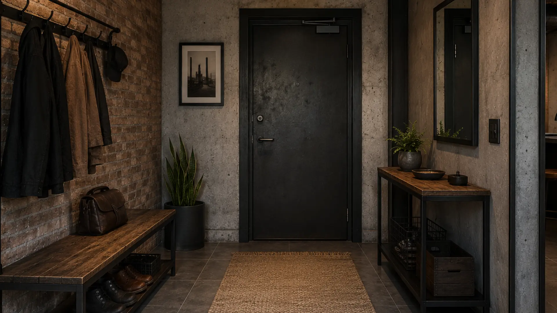 industrial loft entryway with reclaimed wood bench black metal coat rack concrete flooring and pendant light