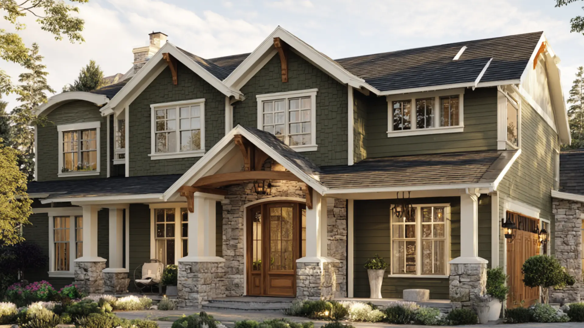 Home exterior with front door white trim natural stone accents and warm outdoor lighting