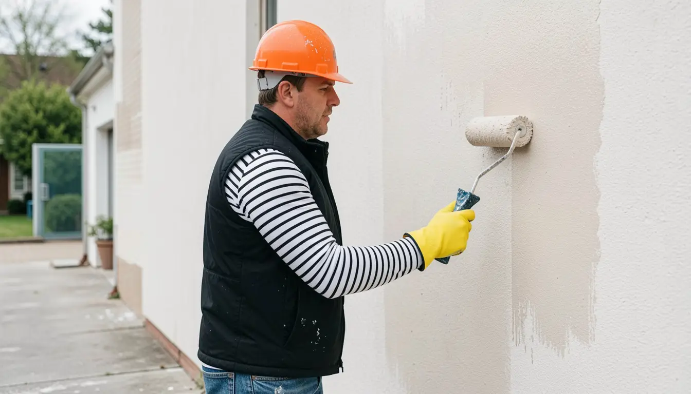 Male worker in an orange hard hat and yellow gloves uses a paint roller to apply beige paint to an exterior white stucco wall.