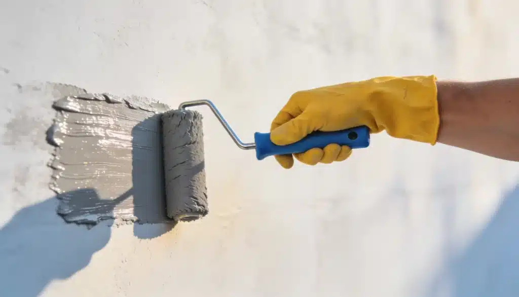 Hand wearing a yellow glove uses a paint roller with a blue handle to apply thick gray paint to a light-colored, textured wall.