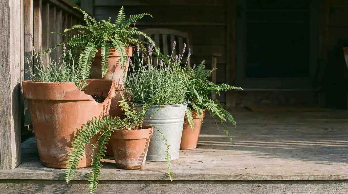 Potted ferns and lavender on wooden porch with rustic railing in morning light