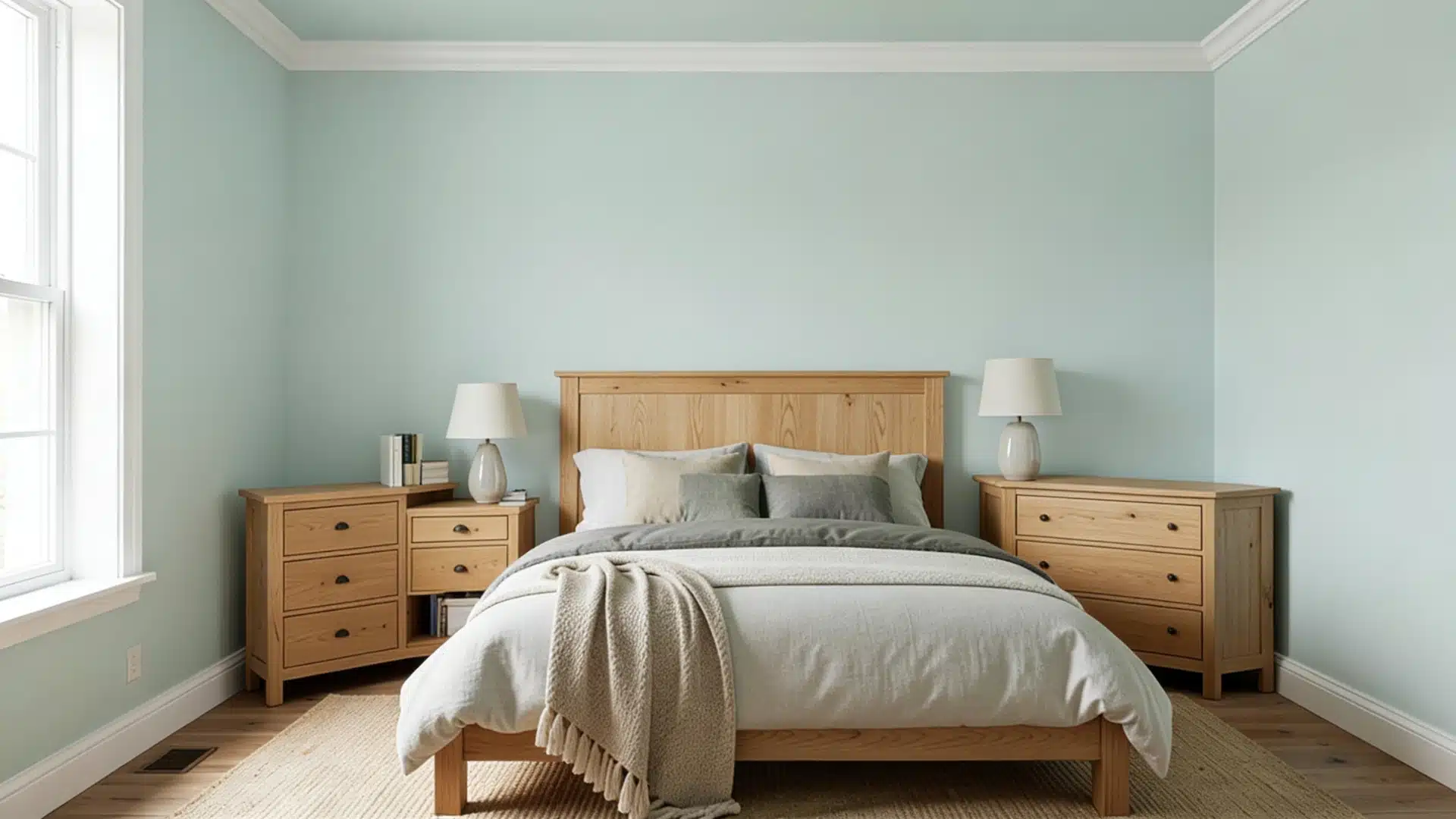 Symmetrical bedroom featuring a natural wood bed frame against blue green walls, flanked by matching wooden nightstands with white lamps