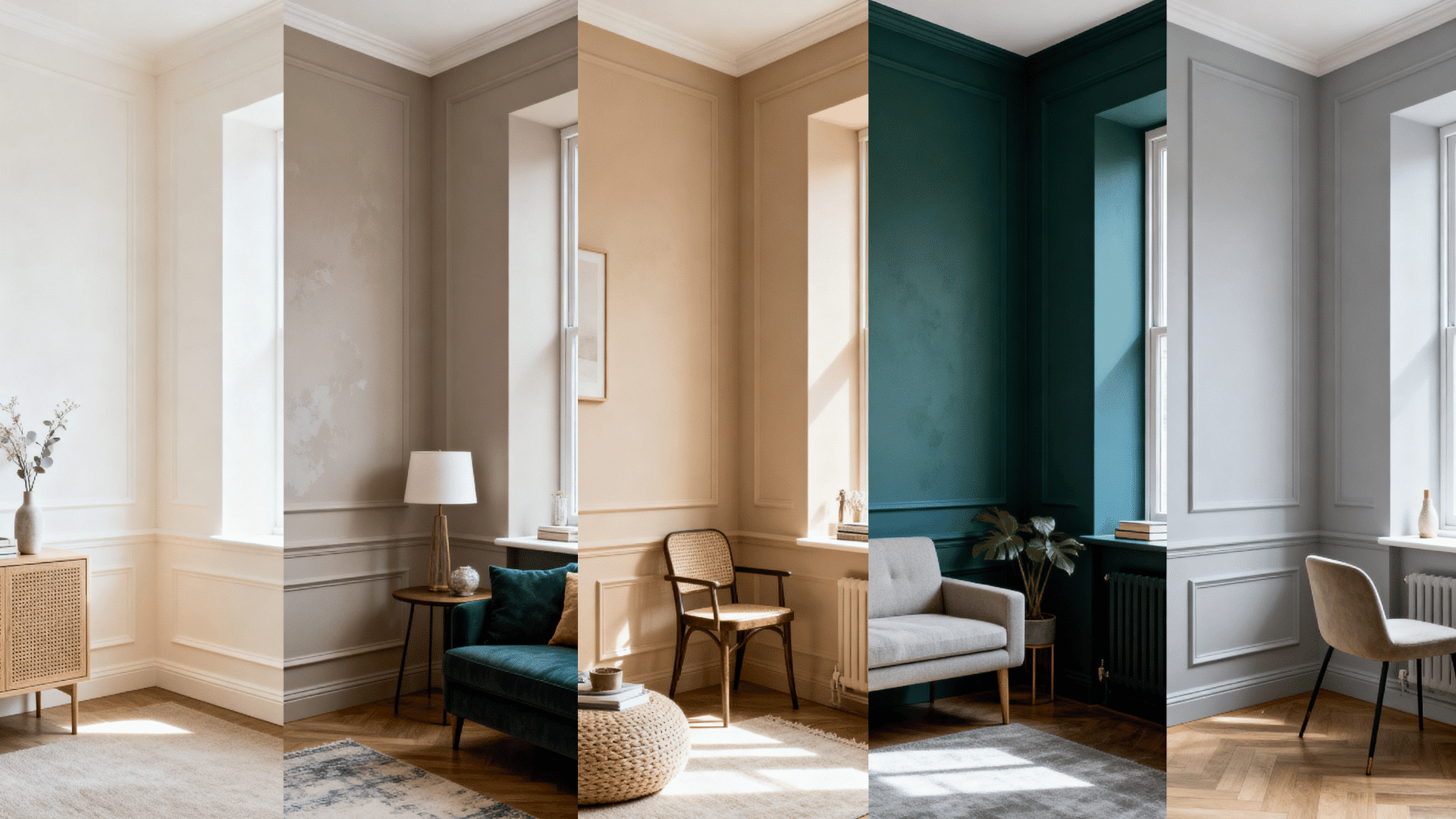 collage of five real-style rooms showing walls and trim painted in matching shades including white, taupe, dark blue-green, beige, and light gray