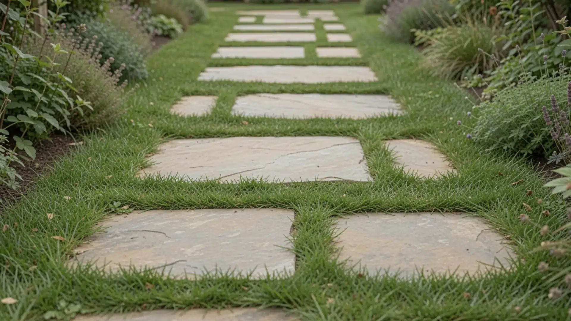 A garden pathway made of irregularly shaped, light colored stepping stones separated by lush green grass