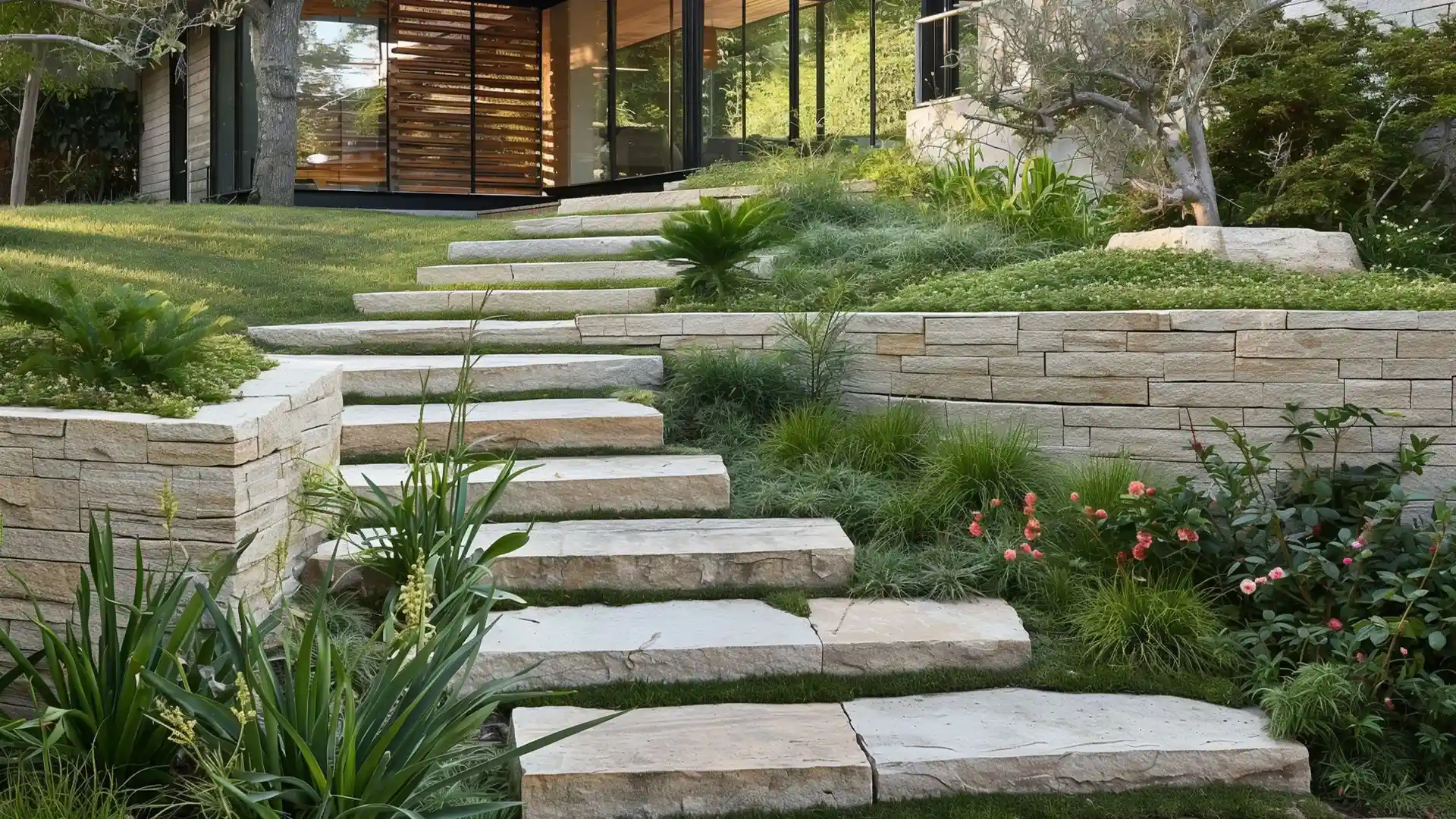 Steping stone slab steps ascend a grassy slope bordered by stacked stone retaining walls and lush green landscaping