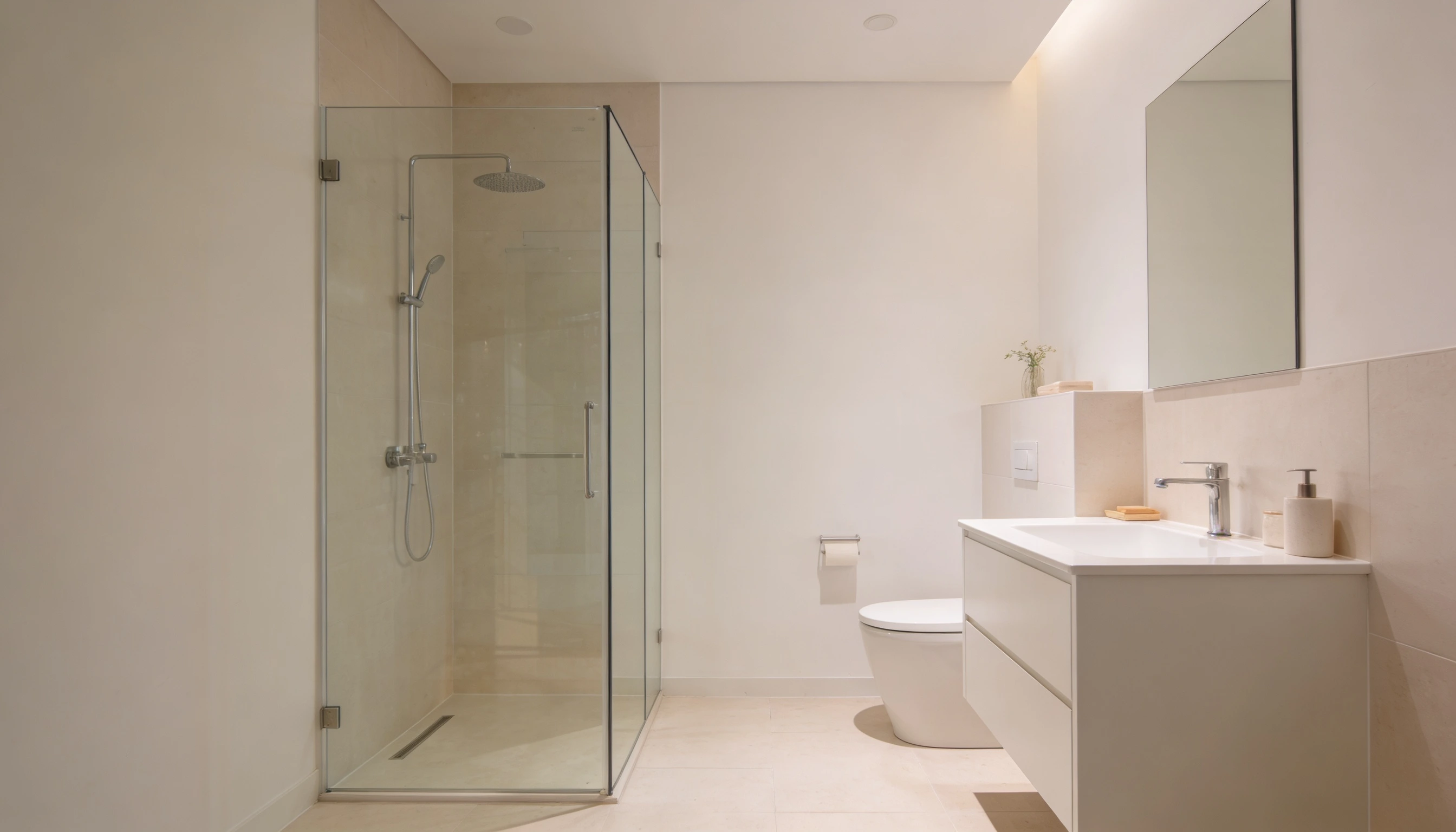 frameless glass walk in shower in small bathroom for open and airy feel