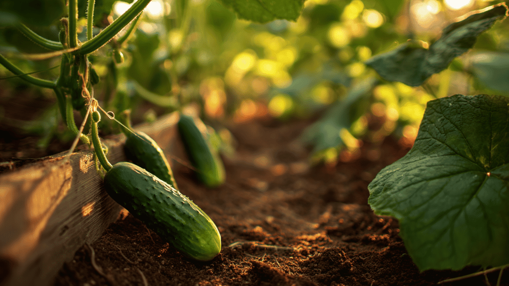 fresh green cucumbers growing naturally on healthy vines in rich soil under warm sunlight outdoors