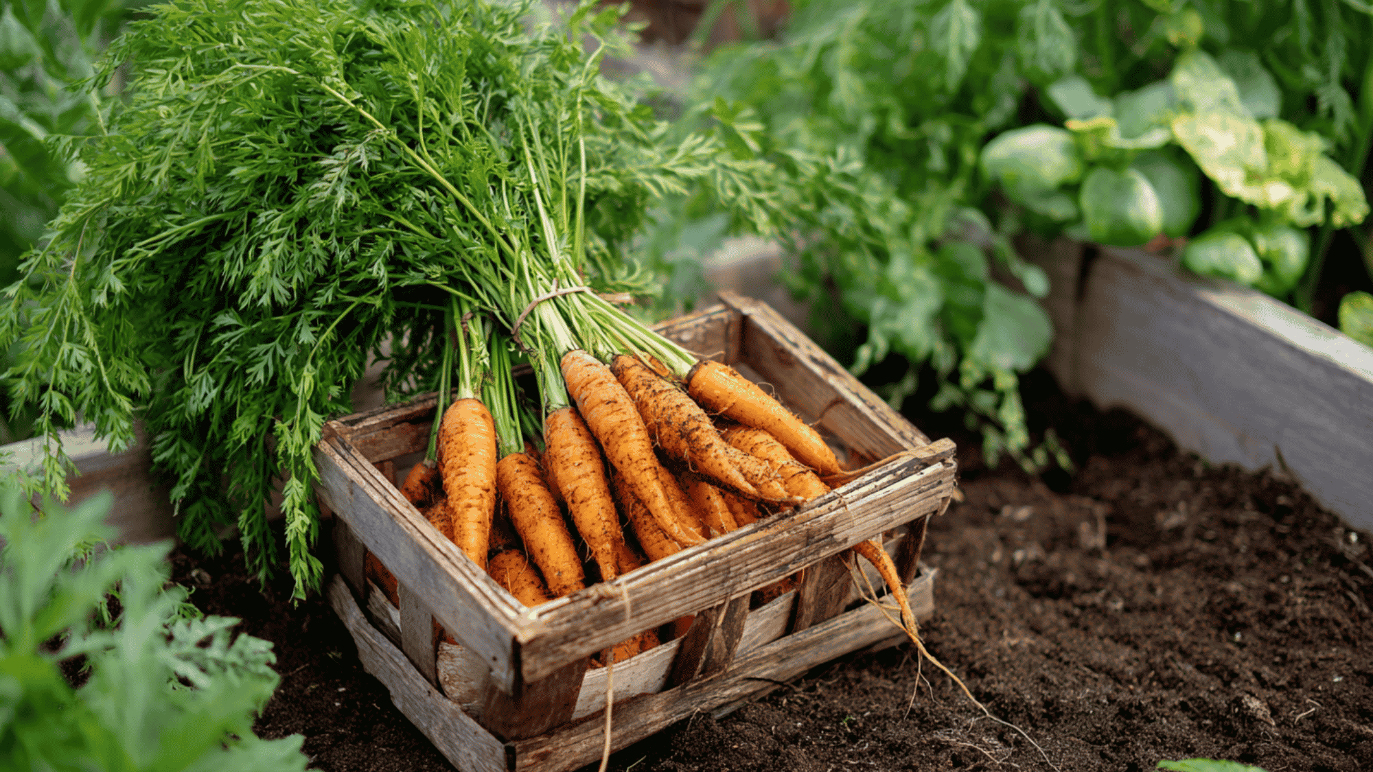 freshly harvested carrots stored properly after being pulled from the garden soil