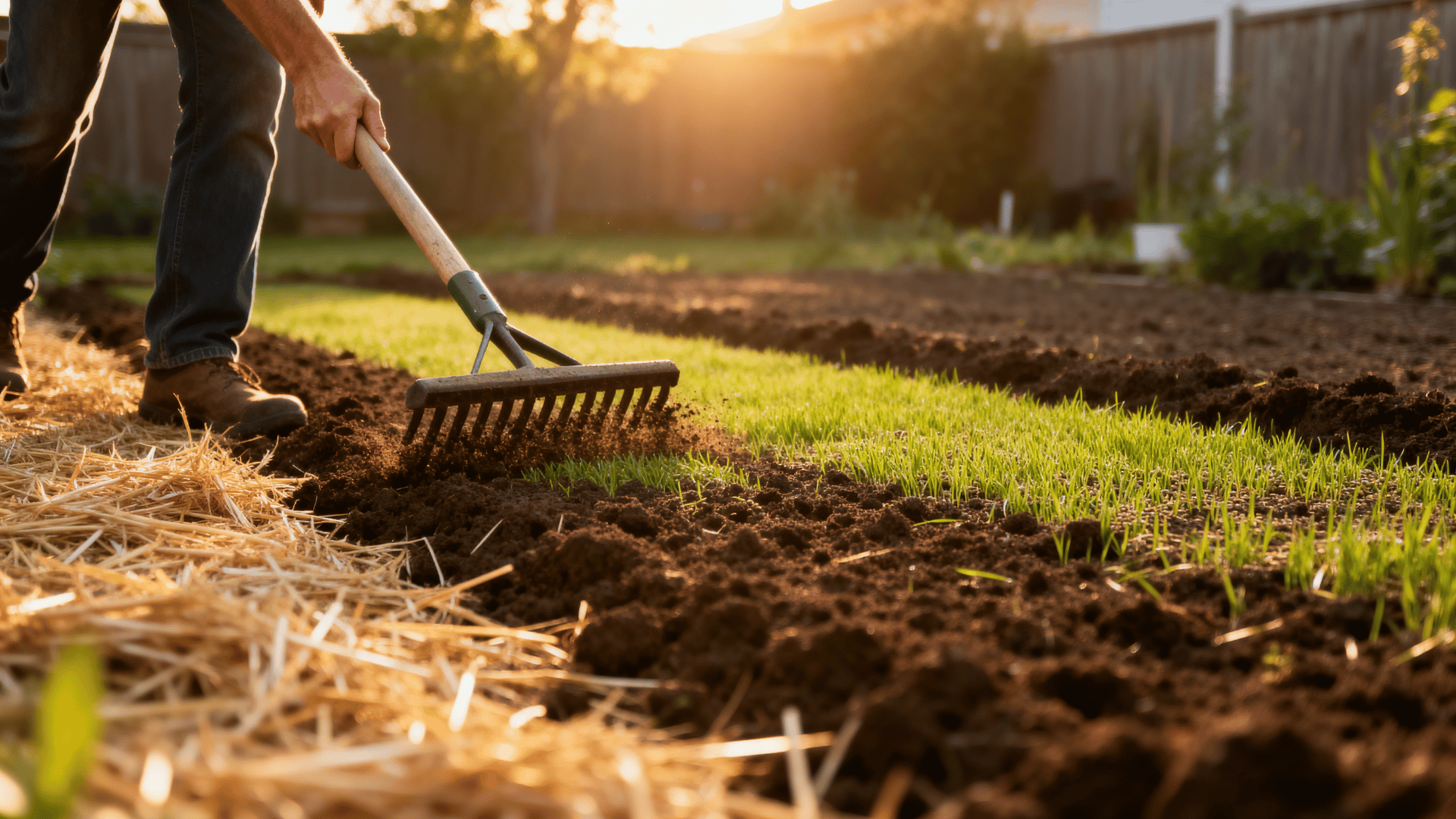 freshly spread grass seed lightly covered with soil and straw mulch