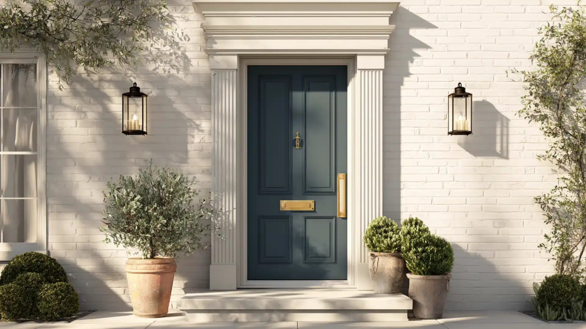 A sophisticated entryway featuring a dark teal paneled front door with brass hardware set against a white painted brick wall