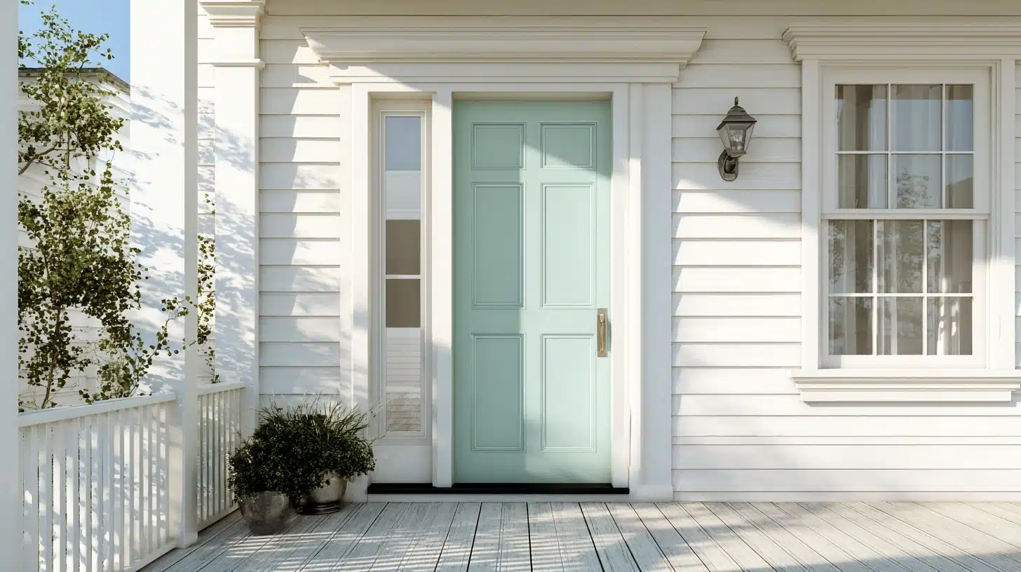 Bright white clapboard house exterior featuring a mint green paneled front door, white porch railing, and potted plants casting patterned shadows