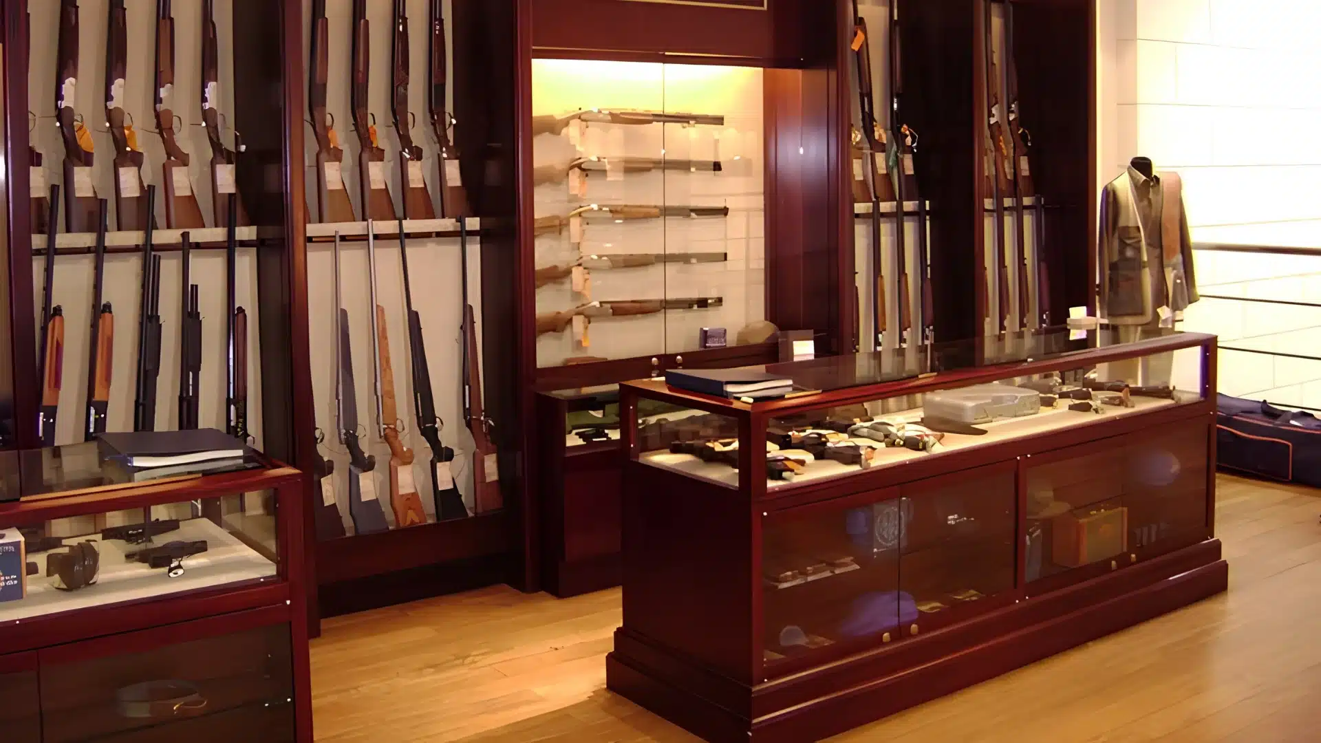Interior of a gun room showcasing long guns mounted on wooden walls and handguns in glass display cases