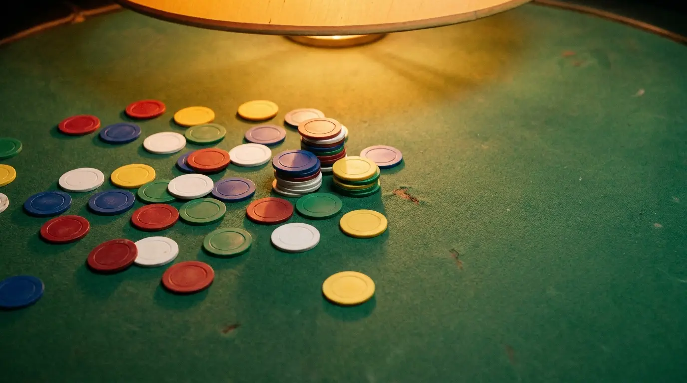 Poker chips in various colors scattered on green felt under warm light