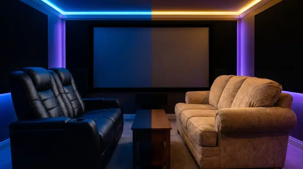 Leather and fabric sofas facing large home theater screen with ambient LED lighting